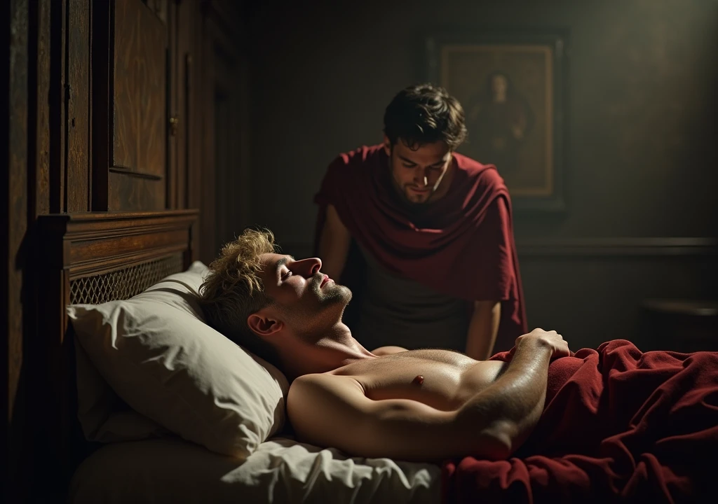 image where a young man of about 30 years old with dark hair stealthily approaches in the middle of the night a Roman emperor with short, graying blond hair, about 55 years old and thin, who is sleeping in his chambers, showing the room in which he ancient roman empire