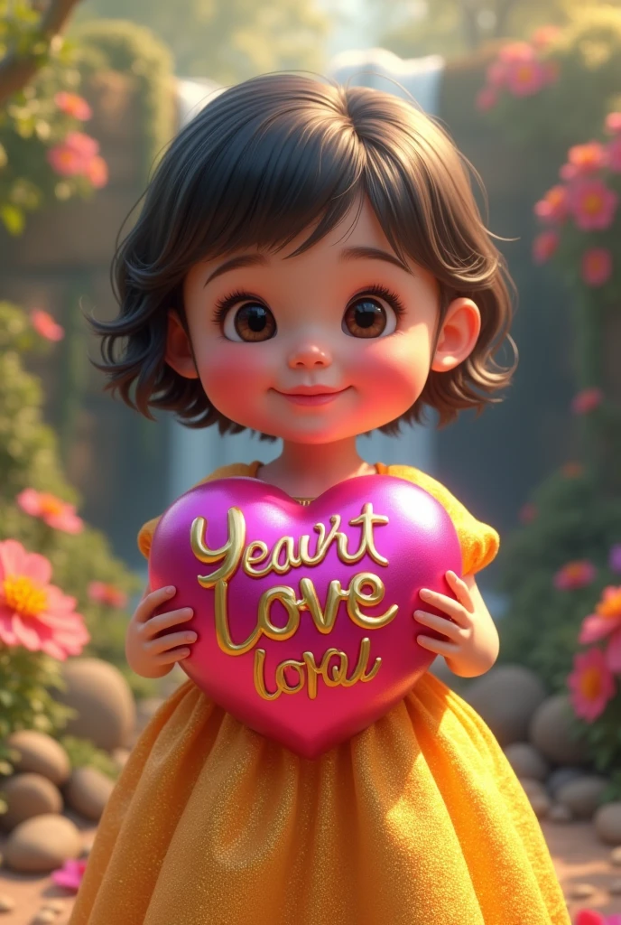 Create a highly realistic image of a cute, chubby, young 3D girl wearing a shimmering bright gold dress holding a shiny bright magenta heart inscribed with the words “I LOVE LIA” in 3D gold cursive font., calligraphy letters, bright colorful garden background , colorful flowers and trees, waterfall, lightning light reflection studio hyperrealism ultra HD 64k