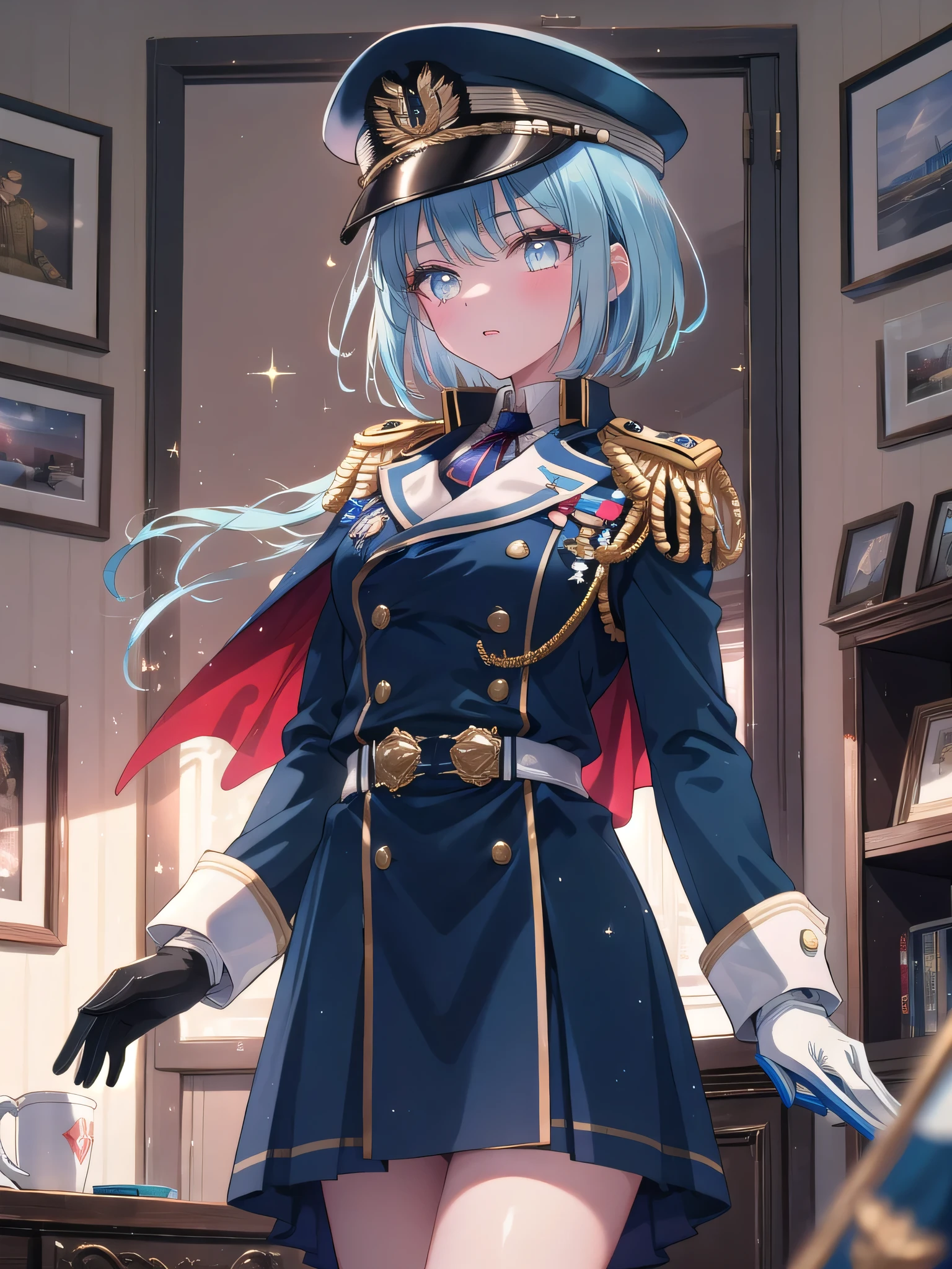 ((8k, Highest quality, masterpiece: 1.3)),Ultra-high resolution,(1 girl, alone), (Color changing eyes, Ultra-detailed, Expressive brilliance, Glitter, Glowing Eyes), Highly detailed eyes, Highly detailed face, Random Hair, ((pastel colour)),A confident young woman with pastel blue hair styled in a sleek bob, standing in front of her wardrobe in her neatly organized room. It’s late afternoon, and the golden light filters in, casting soft shadows across the space. She is dressed in a military officer cosplay, wearing a tailored navy-blue uniform with gold epaulettes, white gloves, and a peaked cap. The camera captures her from a low angle as she adjusts her gloves, her expression determined and poised. Her room is decorated with military-themed posters, a model airplane on her desk, and a collection of medals displayed on a shelf, reflecting her interest in historical cosplay.
