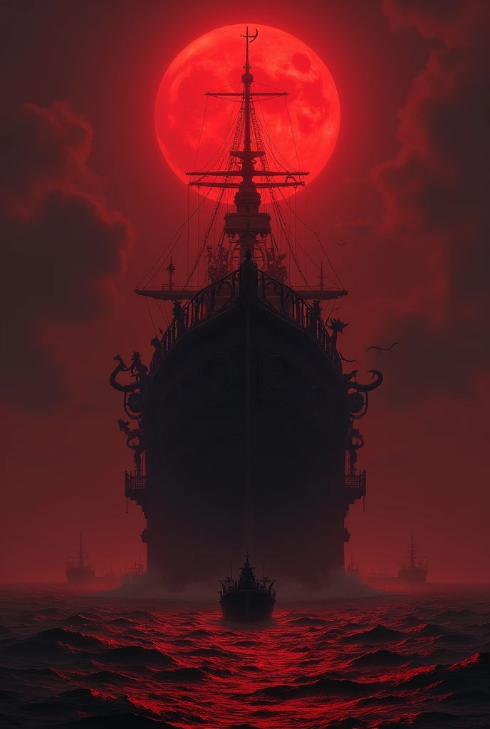 A huge demonic ship in a sea of blood with demons guarding it and clear sky with red moon 
