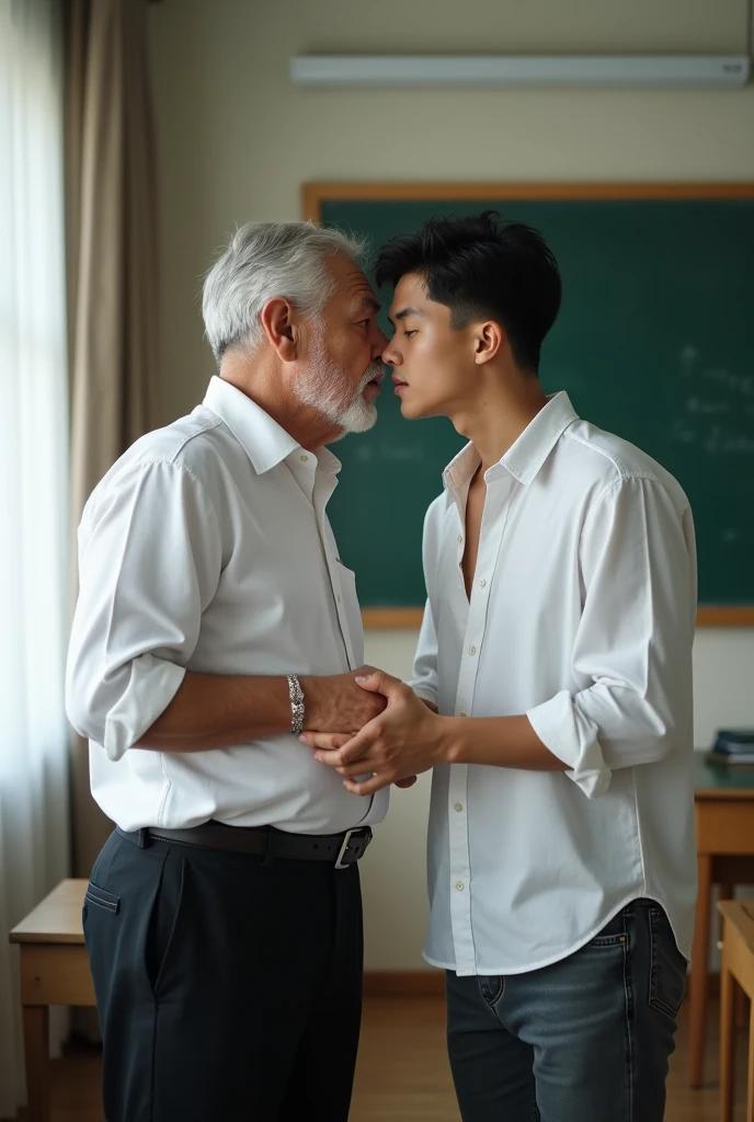 An old man and a young boy, the man is 65 years old, ugly and fat, wears a white shirt and black trousers,  a korean young boy, 20 years old, white skin and black short hair, perfect body proportions, wear shirt, open chest shirt, showing off body, toned abs and full chest,clean-shaven , sexy clothes, man touch the girl, man teacher and boy student.  The man kiss the young boy in a university classroom.  Sexy boy.  Ugly and fat old man.  Teacher and student.  Realistic.