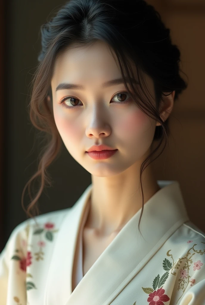 An elegantly dressed Japanese woman in natural light、A close-up of her chest and calm expression.、It shows her inner peace and outer charm.。