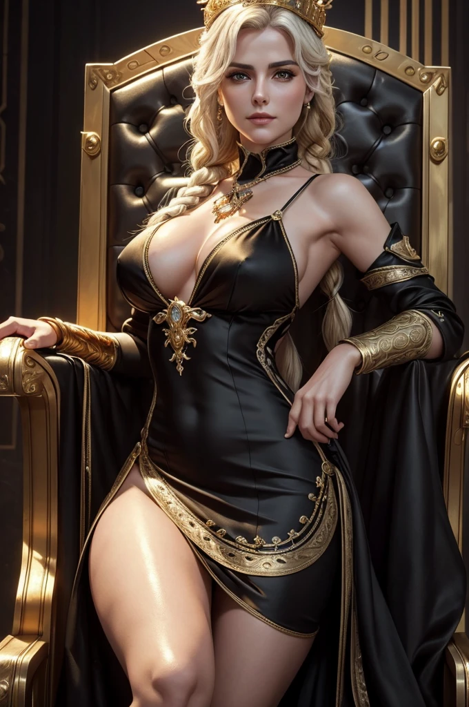 best quality,4k,8k,(masterpiece:1.2),ultra-detailed,realistic,photo-realistic:1.3, attention to detail,4K, ultra detailed body,sexy,mature Ciri,(golden crown), smug face, long braid, black silk dress, throne room, pose next to throne, seductive, sexy, highly detailed body, sexual, sexy thighs