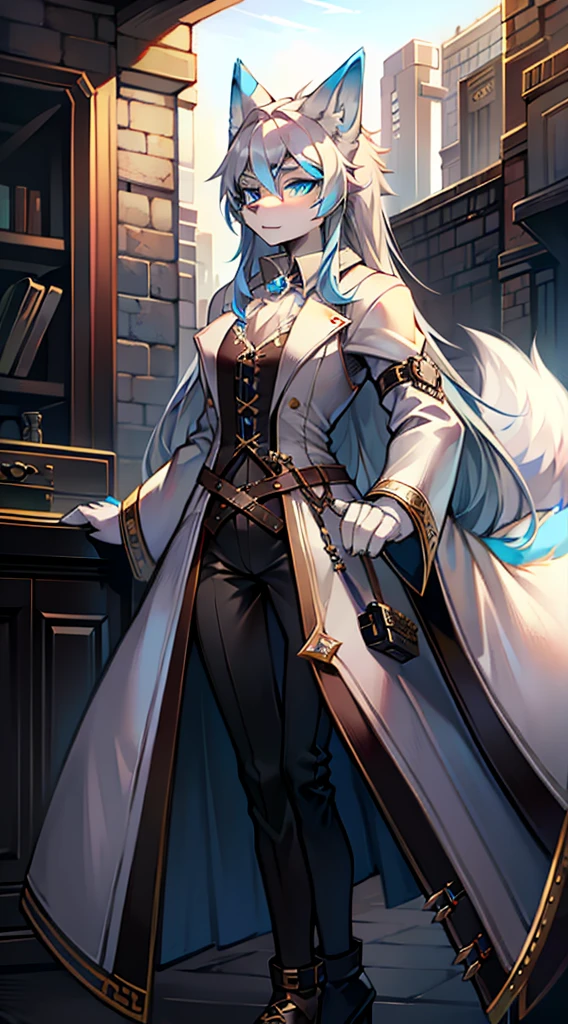 In steampunk style,Big-tailed wolf,blue color eyes,grey long hair,Modern white coat