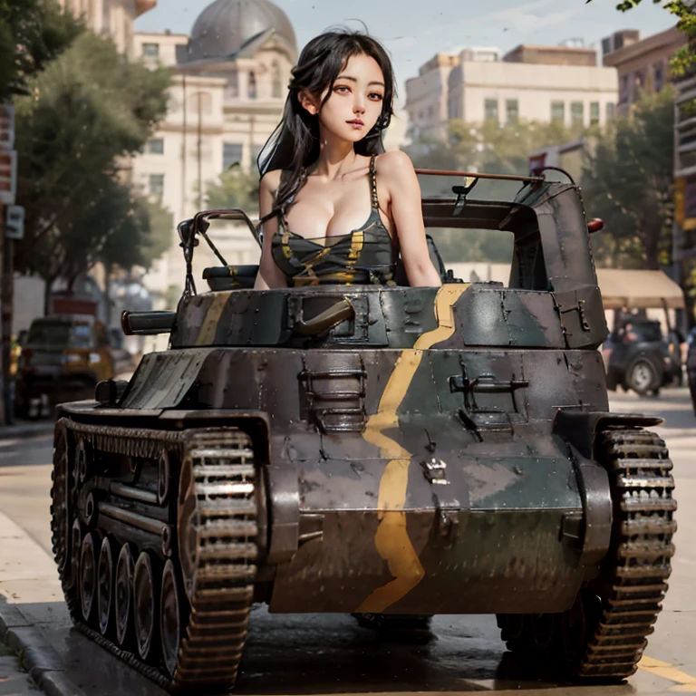 1 female military officer, Japanese, Rin々Beautiful woman. Cool beauty, Short, close-cropped black hair, Army Major,Wearing military uniform, tankの前:1.9, Military training grounds:1.6, tank:1.9, 8type97middletankoldturret,chihatan_emblem9):1.9