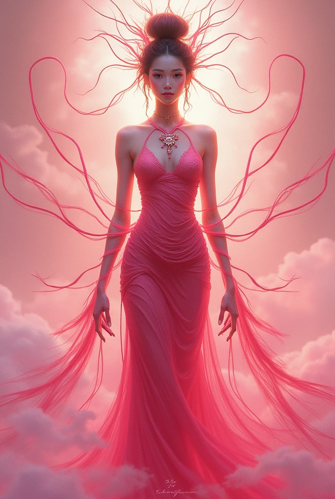 Thai Anueng, pink dress, body wrapped in red threads, pink back ground