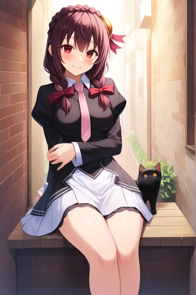 alone, One girl sitting, Yunyun, (smile:1.5)、 (blush:1.5)、Crown braids of the same color as your hair, Red Eyes、hair ornaments, Hair Ribbon, Pink tie, White dress,  alley、Feed the black cat、heart、♥