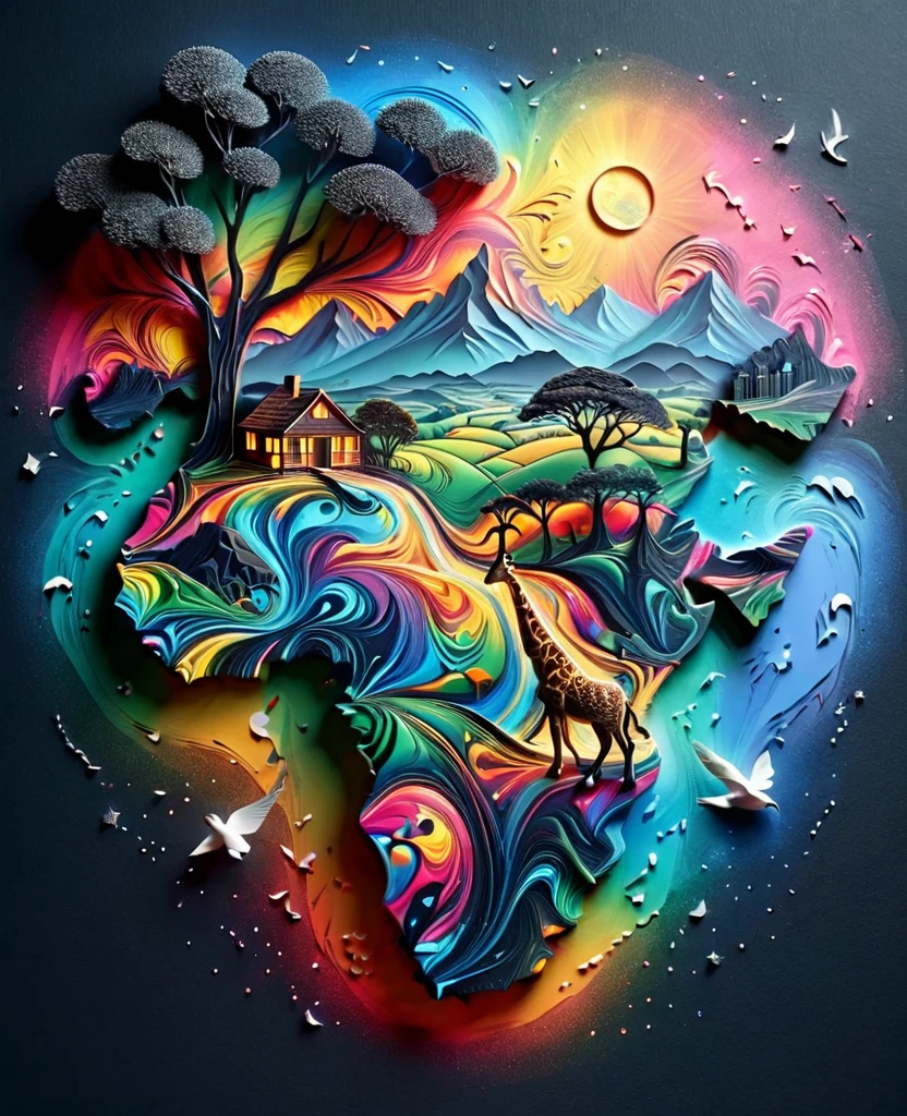 Paper cut art (((masterpiece))),best quality, illustration, African map, within African map we see a night sky, cloud, banana plantation, rivers, mountains, lions, giraffes, cows, no humans, night, birds, moon, building, night sky, scenery, starry sky, grass, house, trees, waterfall, birds in the sky, African map, vibrant color scheme, Soft light,(warm color:1.2),Water color painting, light background, best quality exquisite details,3d rendering,Octane render, pastel, paper_cut of African map.