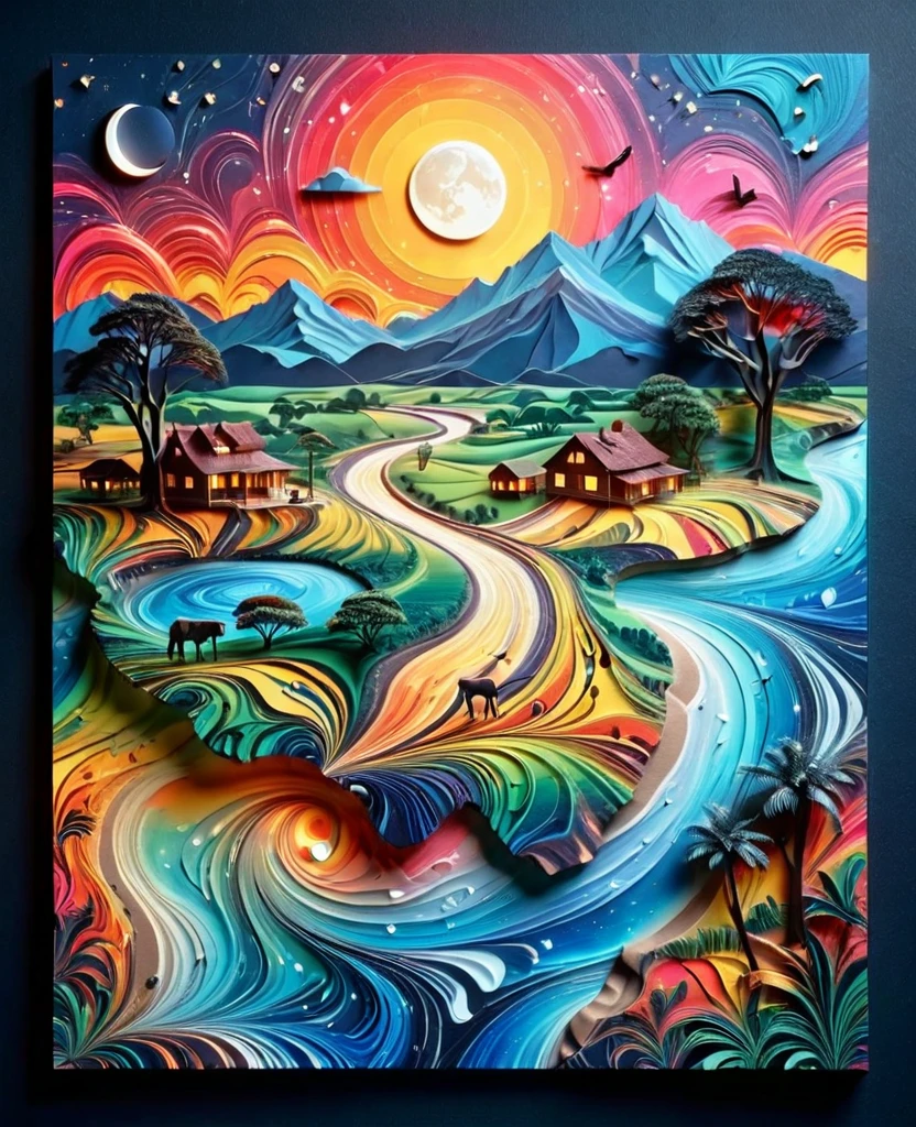 Paper cut art (((masterpiece))),best quality, illustration, African map, within African map we see a night sky, cloud, banana plantation, rivers, mountains, lions, giraffes, cows, no humans, night, birds, moon, building, night sky, scenery, starry sky, grass, house, trees, waterfall, birds in the sky, African map, vibrant color scheme, Soft light,(warm color:1.2),Water color painting, light background, best quality exquisite details,3d rendering,Octane render, pastel, paper_cut of African map.