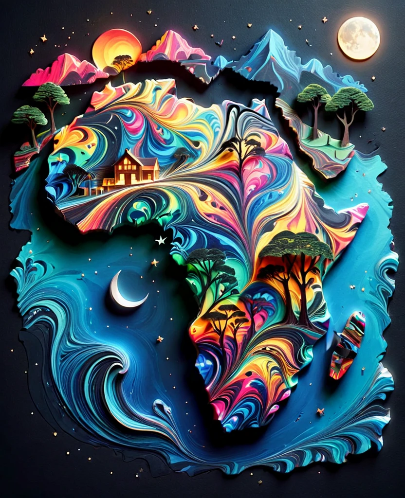 Paper cut art (((masterpiece))),best quality, illustration, African map, within African map we see a night sky, cloud, banana plantation, rivers, mountains, lions, giraffes, cows, no humans, night, birds, moon, building, night sky, scenery, starry sky, grass, house, trees, waterfall, birds in the sky, African map, vibrant color scheme, Soft light,(warm color:1.2),Water color painting, light background, best quality exquisite details,3d rendering,Octane render, pastel, paper_cut of African map.