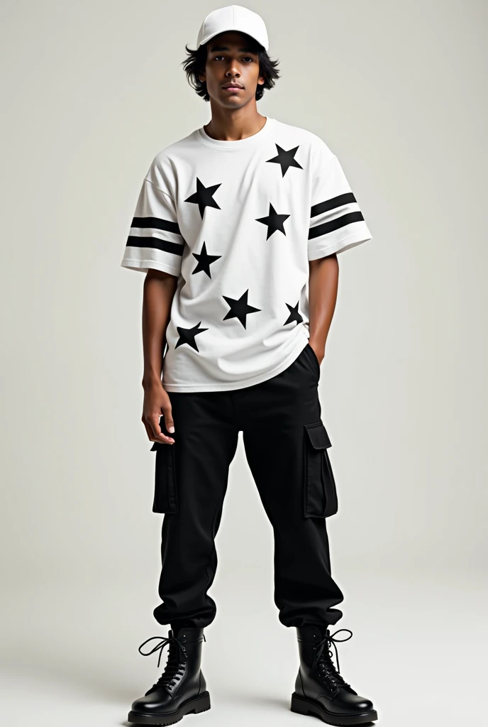 man with black hair wearing a white backwards cap, white shirt with black stars and 2 black stripes at the end of the short sleeve, black cargo pants and black boots