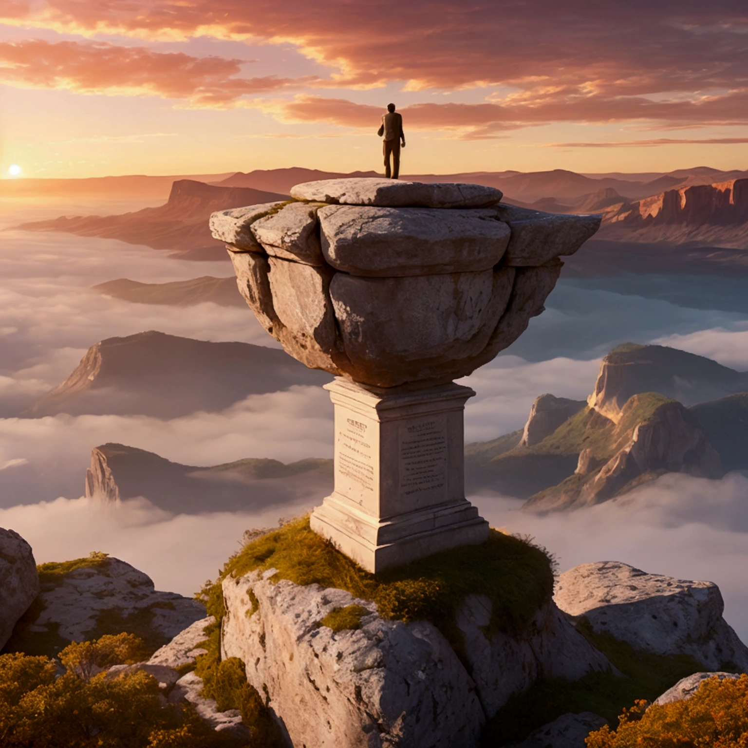 Prompt:
"Create an inspiring and vibrant illustration titled 'Visualize to Achieve Success.' The image should depict a person standing at the edge of a cliff, gazing out at a breathtaking sunrise over a vast landscape filled with mountains and valleys. The sky should be painted in warm hues of orange, pink, and gold, symbolizing hope and new beginnings. Surround the person with ethereal, glowing symbols of success such as trophies, books, and pathways leading to various achievements. The overall mood should evoke feelings of determination, ambition, and the power of visualization in achieving one's dreams." Feel free to adjust any elements to better fit your vision!