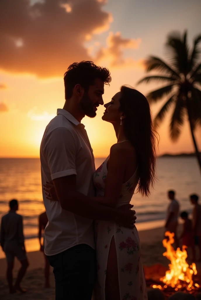 The woman is very sexy and attractive to the man. They are in love, near the beach. There is a beautiful sunset. There are several others near a bonfire. There is a palm tree.