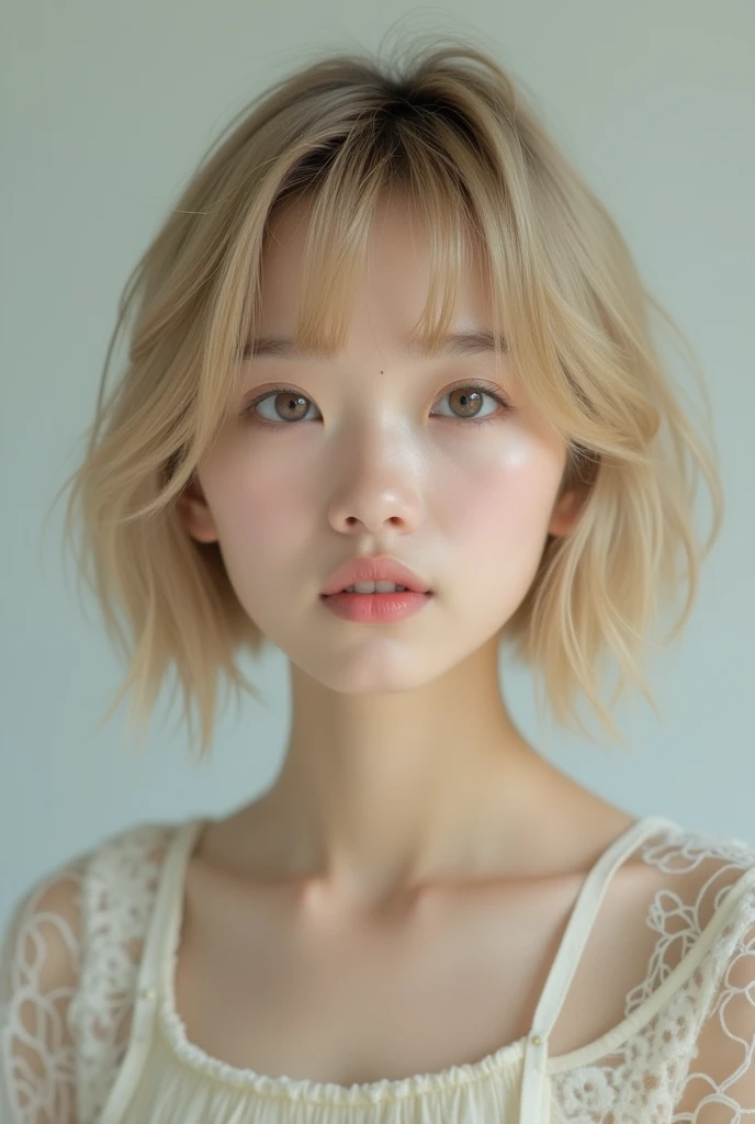 Real photo: Round face, short bob, blonde hair, bangs, round eyes, straight nose, thin lips, fair skin, Japanese, 