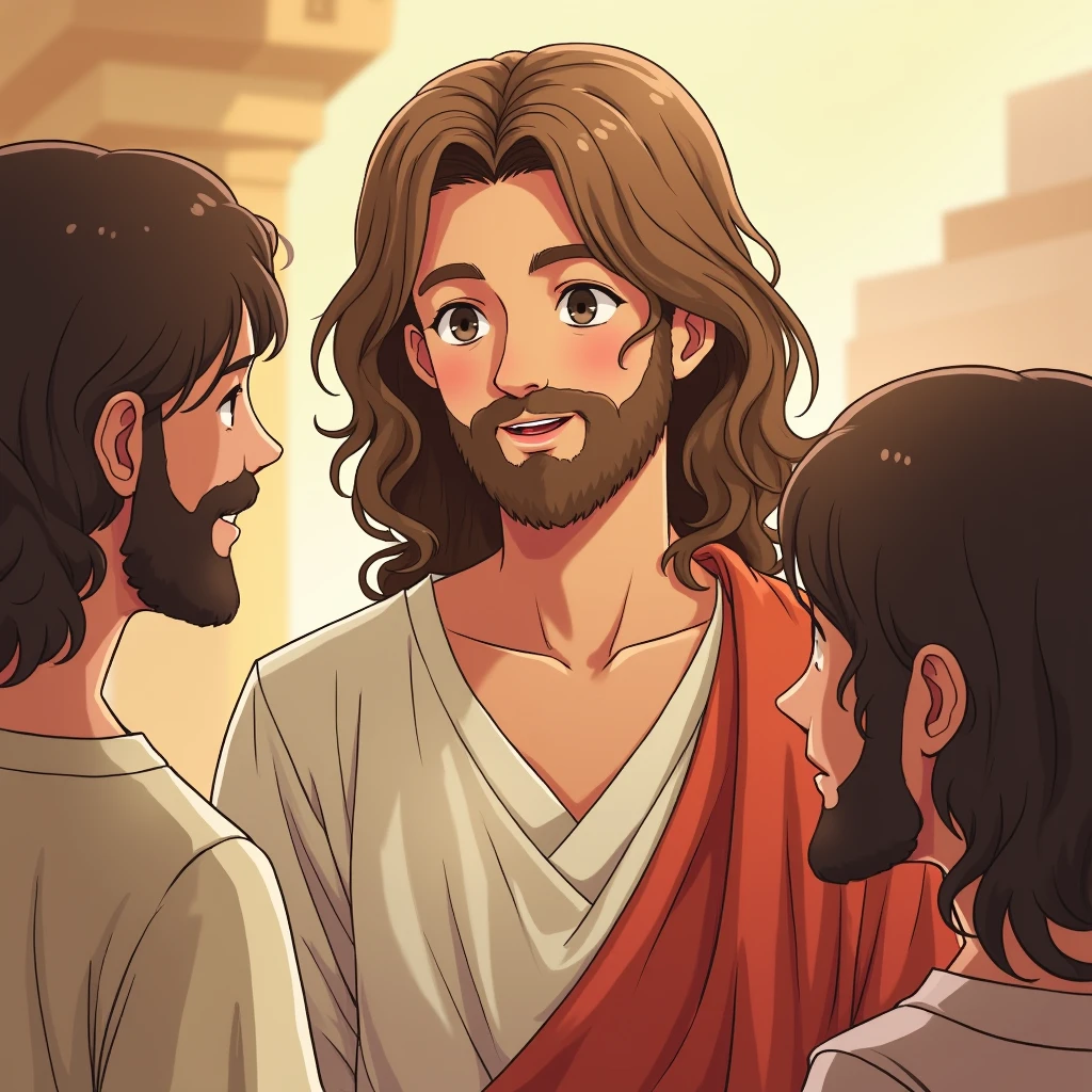 Young Man、A soft smile、Jesus、Wavy Long Hair、Chestnut Hair、Samaria 2000 years ago、Having a pleasant conversation with his disciples、Japanese subculture style illustrations、Everyone is friendly and having fun、relax、Japanese anime style illustration、Sparkling、No chest hair、Light beard、No accessories