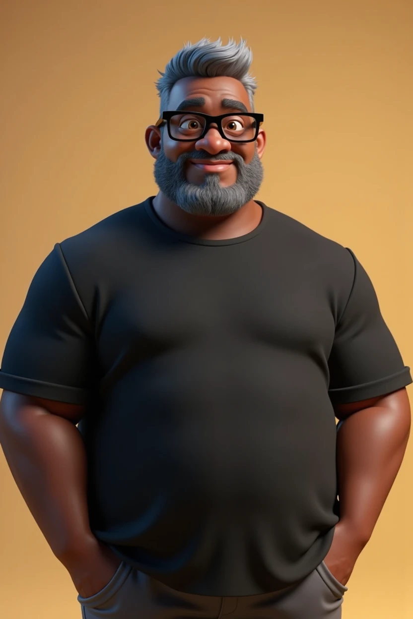 Cartoon character of a middle-aged black man with very short hair, wearing black glasses. Stylized character, animation-style rendering, 3D stylized rendering, Arnold Maya render, 3D stylized render, toon Keyshot render, 3D character, 3D stylized rendering, cartoon character, character close-up, character pose, Pixar style, high quality, cinematic lighting, sharp focus, detailed texture, detailed skin, clay, bokeh, 8K. The man should have the following characteristics: A middle-aged man strong and with a broad build and a slight overweight, casually relaxed hands. His skin tone is dark brown with a warm undertone. He has only two prominent vertical wrinkles between his eyebrows. His beard is very short, trimmed, and sparse, with more white hairs on the chin and the rest being dark gray. His hair is gray, extremely short on top, styled to the right side, and shaved on the sides. He wears modern black glasses. His eyebrows are thick and well-defined, and his eyes are very dark brown, conveying warmth and friendliness. The man is dressed in an oversized black t-shirt and dark gray pants without a belt. Incorporate the following ancestry characteristics: 43% European (17% Iberian and 17% Western European, including Germany, France, and the Netherlands), 4% Sephardic Jewish, 3% Fennoscandian, less than 2% Balkan and Lapland and Volga-Ural, 41% from the Americas, 9% from the Middle East and Maghreb, and 7% from Africa.