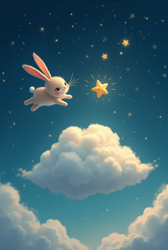 a drawing of a rabbit in the sky and a star going towards a talking cloud