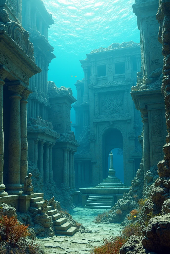 Create an ultra-realistic depiction of the lost city of Atlantis. The scene is set underwater in a clear, deep blue ocean. The city features grand, ancient architecture with towering, intricately carved columns, sprawling marble plazas, and massive stone structures covered in vibrant coral and marine life. The buildings are adorned with detailed, ancient symbols and mosaics.In the foreground, show a partially collapsed temple with ornate statues and a large, ornate fountain, now surrounded by schools of colorful fish and drifting seaweed. Sunlight filters through the water, creating dappled patterns on the ruins and casting a serene, ethereal glow. Use high-resolution textures and detailed lighting effects to capture the realistic decay and underwater ambiance, with clear visibility of the surrounding sea life and the crystal-clear water."