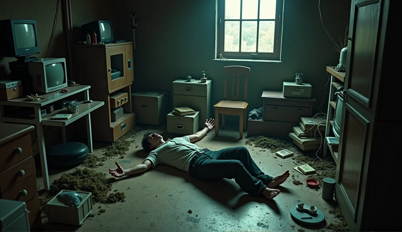 a man lying on the floor of his room, hakikomori room design, underground, lots of items, dirty, dark light, super detailing, cinematic light, Wong kar-vai style