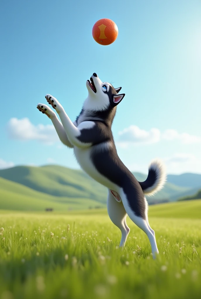 Create a Siberian Husky jumping to catch a ball .