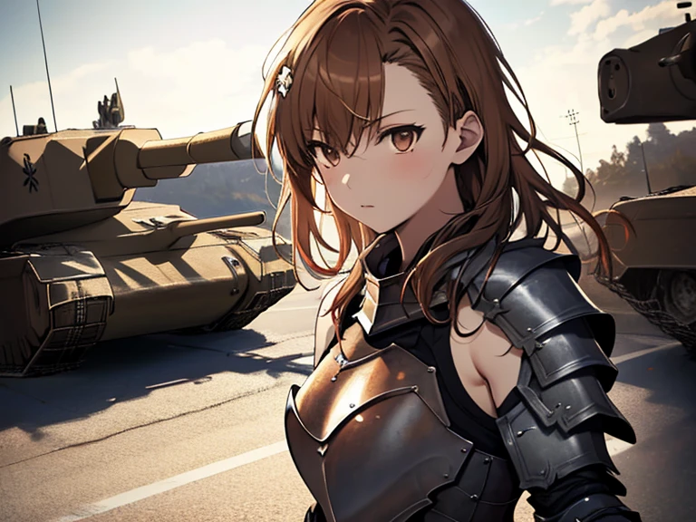 (Armored Tank:1.5), Misaka Mikoto, The background is a tank, Looking into the distance, highest quality, 1girl, uhd, retina, masterpiece, ccurate, anatomically correct, textured skin, super detail, high details, high quality, best quality, highres, 4K