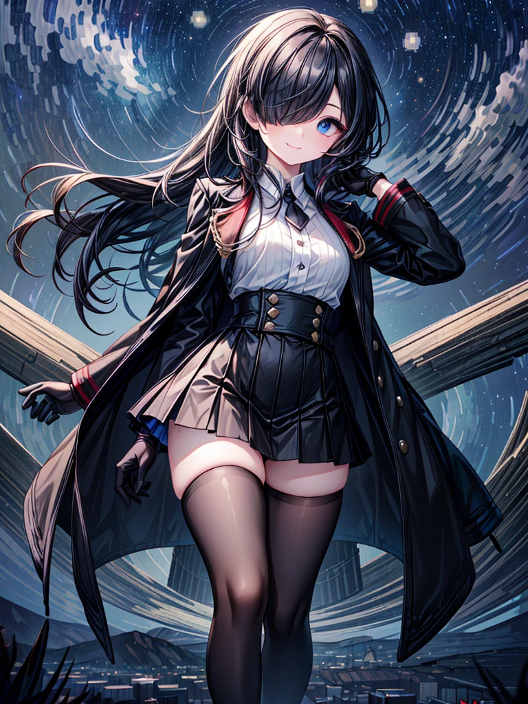 ((Oriental Project)),((masterpiece)),((Highest quality)),((Fascinating)),((alone)),((Deep blue pupils)),((Beautiful Blue Eyes)),((Wearing a black coat)),((Wearing a black mini skirt,She is wearing black tights under her skirt)),((Slim body)),((length, Shiny black hair)),((Her left eye is completely hidden by her bangs)),((Her hair is parted, and you can see her eyes through it)),((Wearing black gloves)),((hair over one eye,long hair)),((Running fingers through my hair)),((Complex background)),((Starry night view)),((Smile at me))