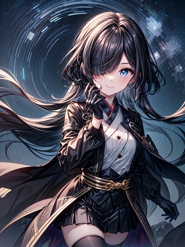 ((Oriental Project)),((masterpiece)),((Highest quality)),((Fascinating)),((alone)),((Deep blue pupils)),((Beautiful Blue Eyes)),((Wearing a black coat)),((Wearing a black mini skirt,She is wearing black tights under her skirt)),((Slim body)),((length, Shiny black hair)),((Her left eye is completely hidden by her bangs)),((Her hair is parted, and you can see her eyes through it)),((Wearing black gloves)),((hair over one eye,long hair)),((Running fingers through my hair)),((Complex background)),((Starry night view)),((Smile at me))