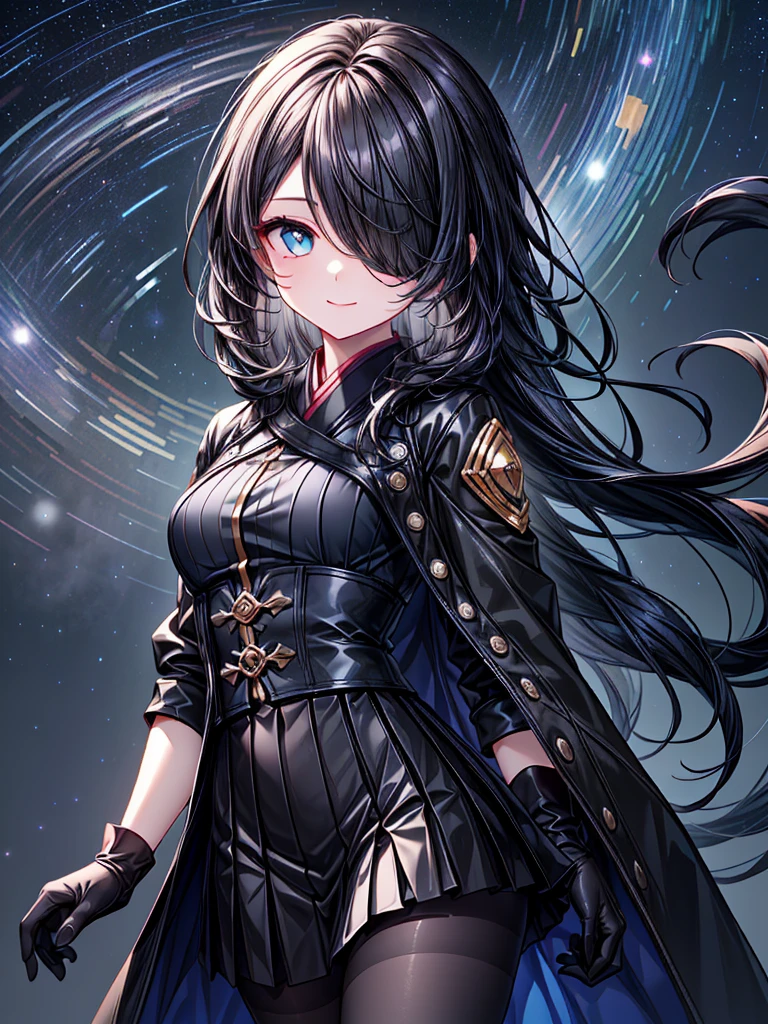 ((Oriental Project)),((masterpiece)),((Highest quality)),((Fascinating)),((alone)),((Deep blue pupils)),((Beautiful Blue Eyes)),((Wearing a black coat)),((Wearing a black mini skirt,She is wearing black tights under her skirt)),((Slim body)),((length, Shiny black hair)),((Her left eye is completely hidden by her bangs)),((Her hair is parted, and you can see her eyes through it)),((Wearing black gloves)),((hair over one eye,long hair)),((Running fingers through my hair)),((Complex background)),((Starry night view)),((Smile at me))