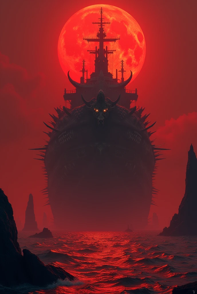 A huge demonic ship sideview in a sea of blood with demons guarding it and clear sky with red moon 
