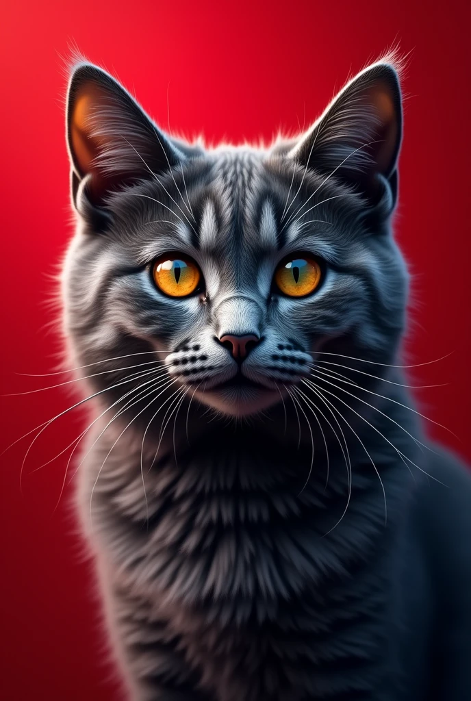 Image of a gray cat face with black stripes and the cat is furry with a red background 
