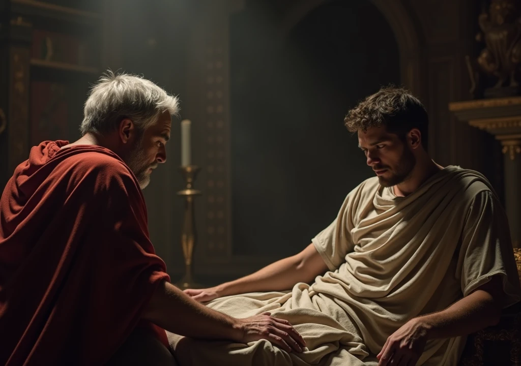 image where a young man of about 30 years old with dark hair stealthily approaches in the middle of the night a Roman emperor with short, gray-blond hair, about 60 years old and thin, who is sleeping in his chambers, showing the room in which ancient roman empire