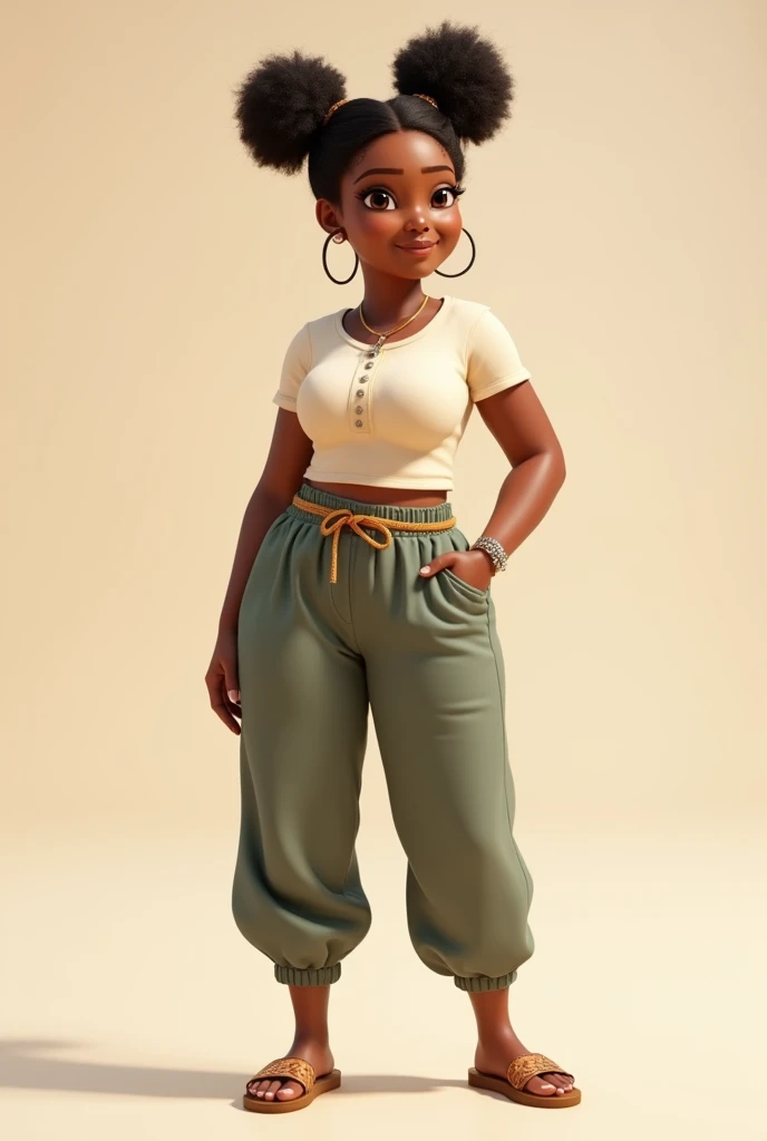 A highly detailed 3D African American woman. Full body image. Pixar, Disney like. Plain background.  wearing cute Henley top, harem pants and sandals. She has a cute head sock on the head