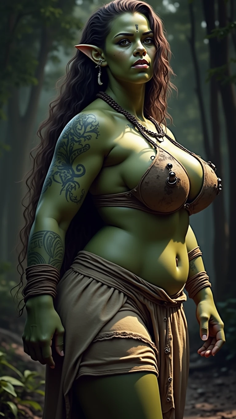 Young orc woman (big fangs), female orc, (green skin) , peaceful expression, dirty skin and hair, wearing dirty linen dress, big saggy breasts, skin imperfections, skin dentation, bone jewelry, forest background, natural lighting, tribal tattoos, curvy, big body, highly detailed, 8k, photorealistic, dramatic lighting, cinematic, fantasy art, ultra high quality, sharp Focus, orczor, view from side, dynamic poses, chubby 