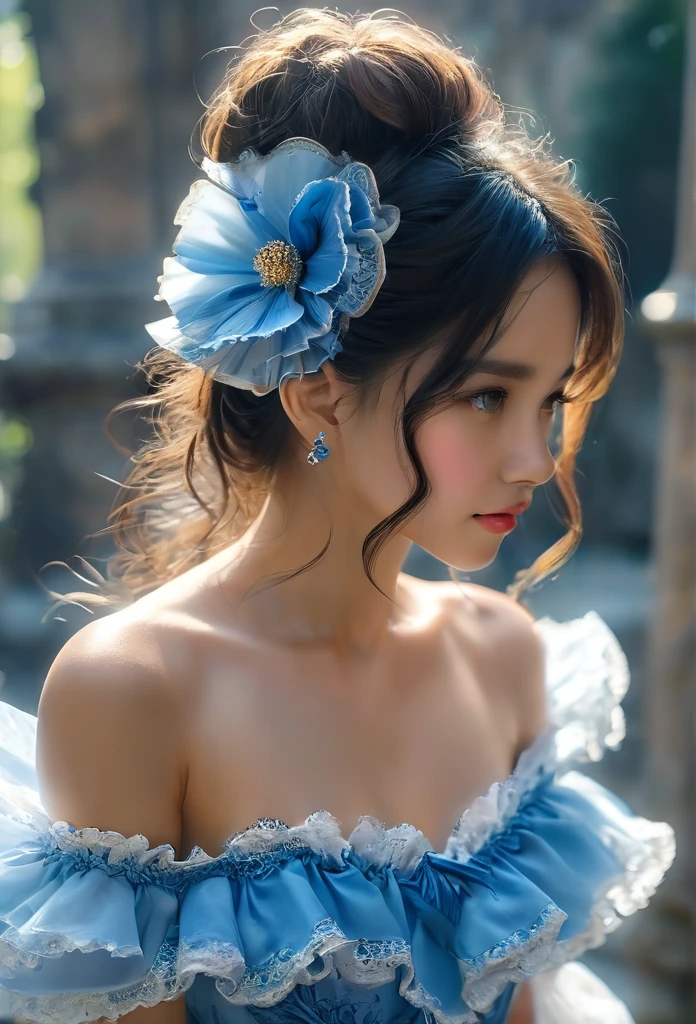 highly detailed, 8k, masterpiece, One woman, Blue frills_hair_tube, dress, bend_that's all , Grin, (perfection_face), Sitting, machine, Brilliant, Complex, Dramatic lighting, 4K, detailed_background, Caustics, full_body, (Surreal:1.3), bloom,(Beautiful lighting:1.3), Caustics, Dynamic Lighting, Beautiful lighting, (Dakota Fanning:0.5)