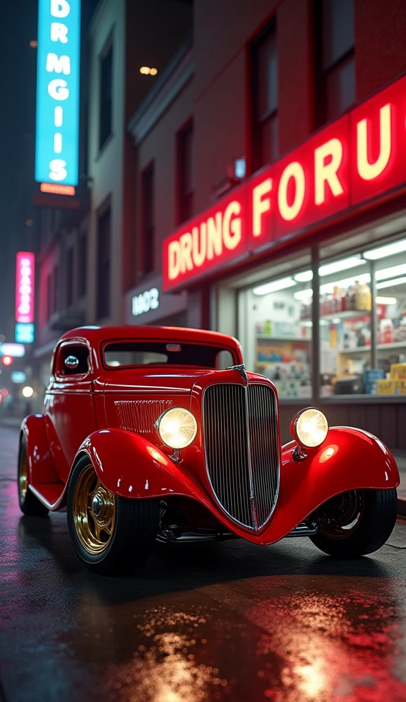 Bright deep red coloured 1934 ford coup hot rod Parked outside drug store, New York city street in the background, realistic, studio quality, cinematic, digital (photorealistic:1.4) photorealistic, Extremely Realistic, it is night time with head lights on, gold mag wheels volumetric fog exciting epic action camera, (masterpiece:1.2) (photorealistic:1.2) (bokeh) (best quality) (detailed skin) (intricate) (8k) (HDR) (cinematic lighting) (sharp focus)