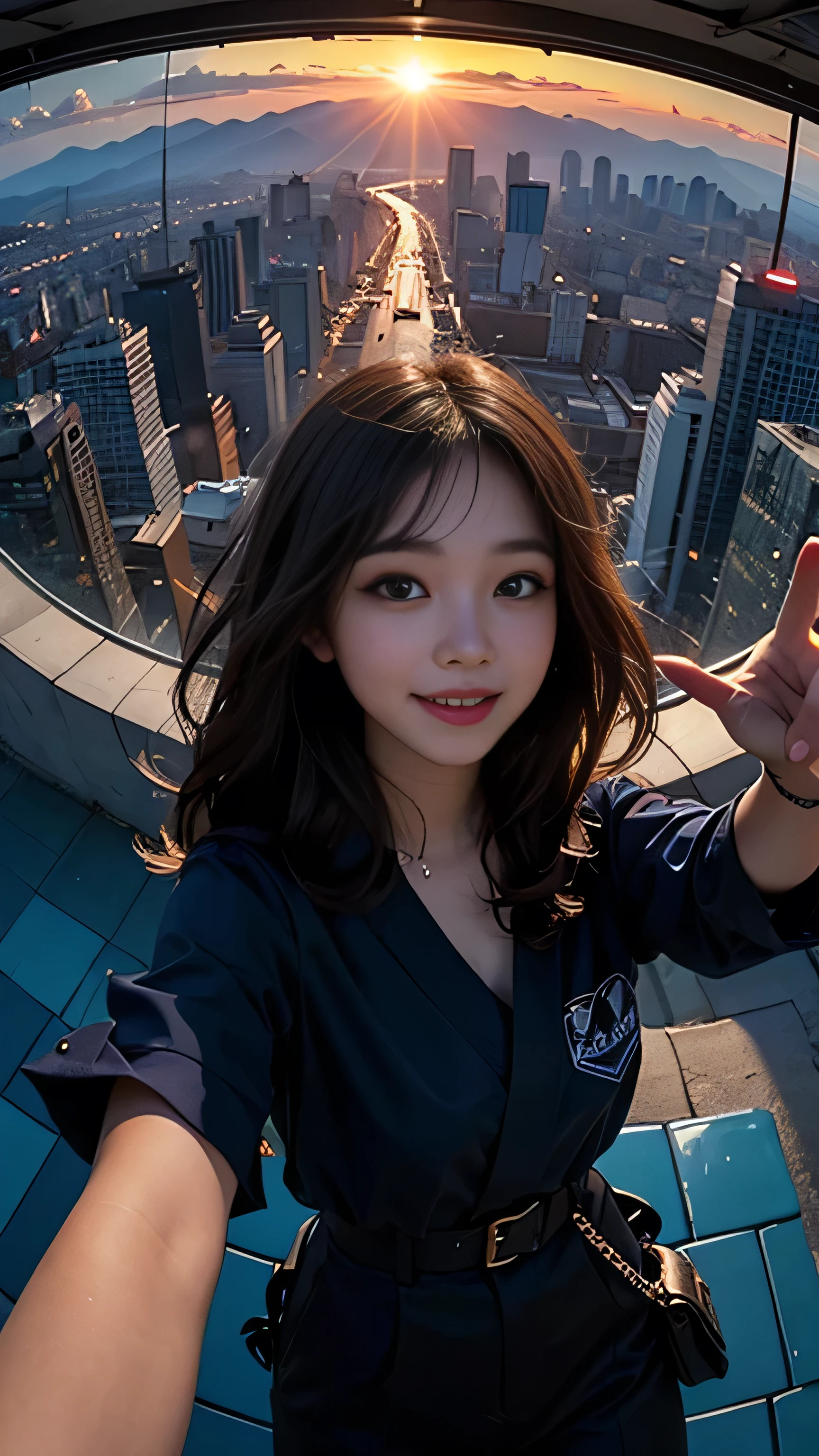 One girl, Korean, Fisheye Lens, Selfie, Wind, Messy Hair, sunset, Cityscape, (Aesthetics and atmosphere:1.2),smile