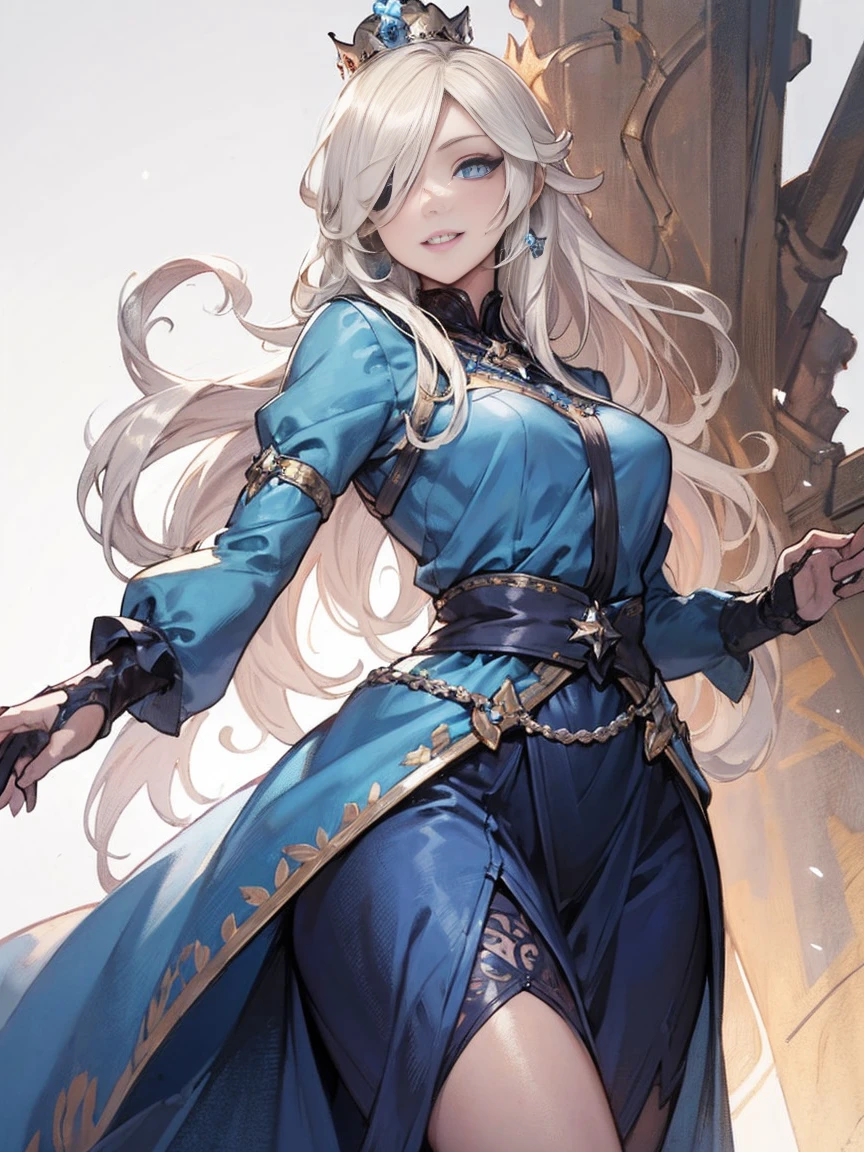 (one girl, 1girl:1.1), (solo:1.3), (princess_rosalina:1.3), light_blue_eyes, (blonde_hair:1.2), (long_hair, messy_hair:1.1), (hair_over_one_eye:1.3), (thick lips:1.3), (light smile:1.3), BREAK (standing, from below:1.2), (thick thighs:1.0), (medium breasts:1.0), BREAK (light blue dress:1.1), (silver_crown:1.2), BREAK (white_background:1.3), BREAK SLE, mksks style, best quality, masterpiece, detailed background, highly detailed, intricate, detailed face, long eyelashes, detailed eyes,