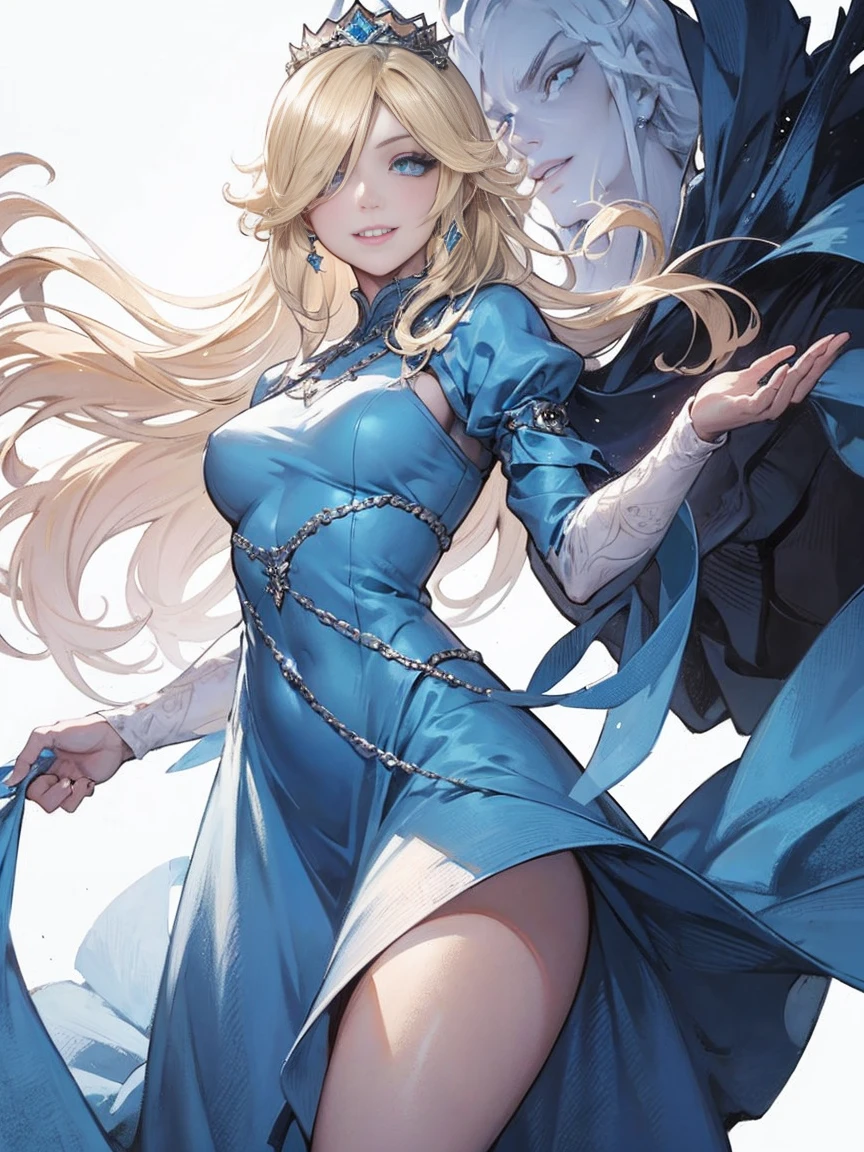 (one girl, 1girl:1.1), (solo:1.3), (princess_rosalina:1.3), light_blue_eyes, (blonde_hair:1.2), (long_hair, messy_hair:1.1), (hair_over_one_eye:1.3), (thick lips:1.3), (light smile:1.3), BREAK (standing, from below:1.2), (thick thighs:1.0), (medium breasts:1.0), BREAK (light blue dress:1.1), (silver_crown:1.2), BREAK (white_background:1.3), BREAK SLE, mksks style, best quality, masterpiece, detailed background, highly detailed, intricate, detailed face, long eyelashes, detailed eyes,