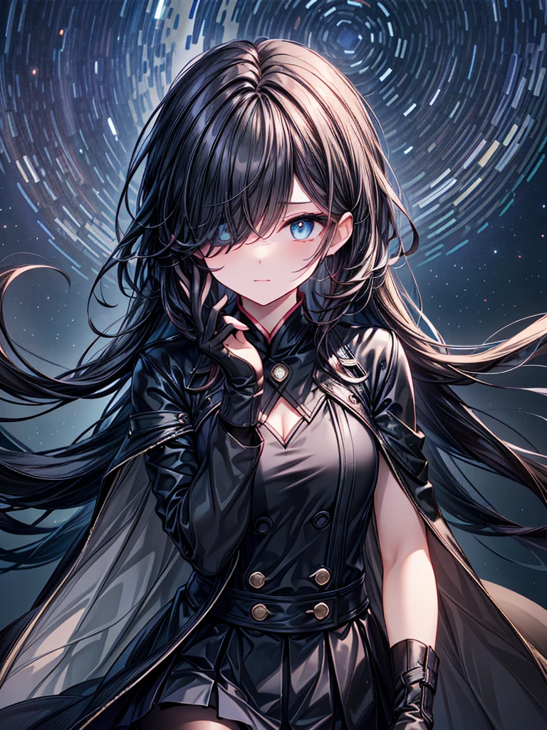 ((Oriental Project)),((masterpiece)),((Highest quality)),((Fascinating)),((alone)),((Deep blue pupils)),((Beautiful Blue Eyes)),((Wearing a black coat)),((Wearing a black mini skirt,She is wearing black tights under her skirt)),((Slim legs)),((length, Shiny black hair)),((Her left eye is completely hidden by her bangs)),((Her hair is parted, and you can see her eyes through it)),((Wearing black gloves)),((hair over one eye,long hair)),((Running fingers through my hair)),((Complex background)),((Starry night view)),((Upper body zoom))