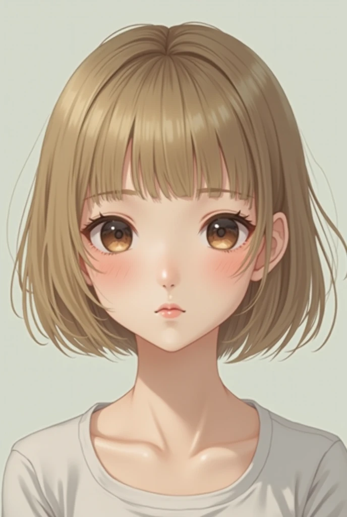 Real photo
Round face
Short straight bob
Blonde hair
Blunt bangs
Round eyes
Defined round nose
Thin lips
Fair skin
Japanese
Baby face