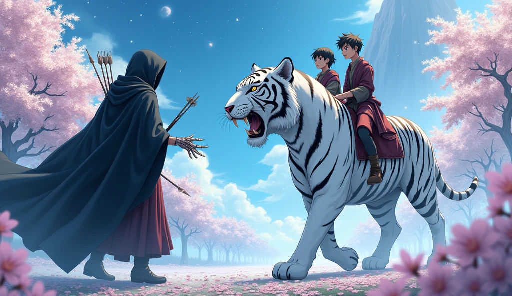 This image must be in anime style. Two  boys, both male, are riding a giant white tiger. They are warriors and are in a white cherry blossom forest. There are black cherry blossom flowers on the ground. In the sky, you can see space filled with stars and a huge mountain. In front of them is a massive evil Ghost Warrior. He is wearing a cloak that covers his entire face and body. His back is full of arrows and he is holding a magic orb. His hands are skeletal and he is completely floating.
