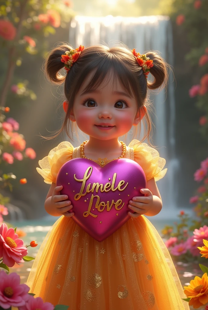 Create a highly realistic image of a beautiful, chubby little 3D girl in a bright gold, shimmery, sparkly dress, holding a bright magenta, shiny, sparkling heart with the 3D letters “LIA” written in gold cursive font., calligraphy letters, bright colorful garden background , colorful flowers and trees, waterfall, lightning light reflection studio hyperrealism ultra HD 64k