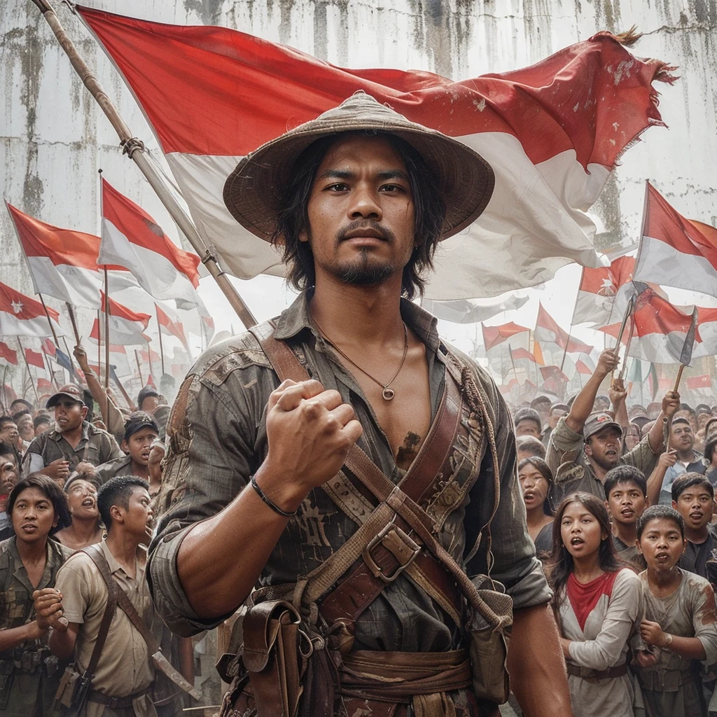 Image of a handsome Indonesian man, 30 years old, with layered hair, an Indonesian fighter's clothing from the past, One hand clenched up carrying the flag and full of enthusiasm with other fighters struggling, In the midst of the invaders' attack, carrying the flag, Indonesia, Old wall background with faded moss paint, gambar HD,Retro Image, Realistic Image, real picture, Figure 4d,Mural image of the red and white flag waving, Black and white detail
