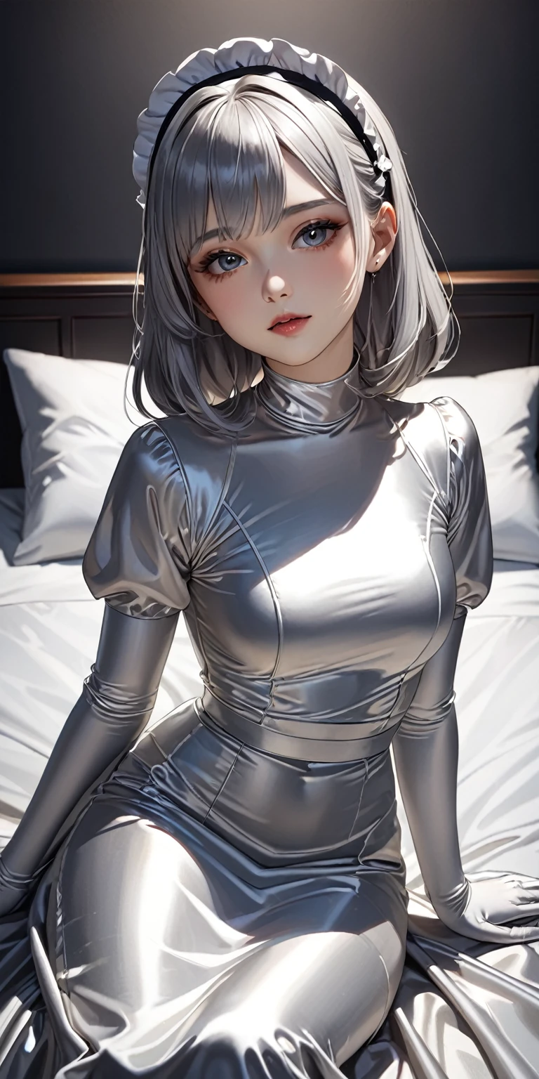 Portraiture、(masterpiece,Highest quality,Ultra-high resolution),Japanese women, Maid Headband、(((Very beautiful 25 year old girl)))、(She is wearing a shiny light silver satin long sleeve maid outfit..)、The dress has a simple design without any patterns....、(((A long skirt made of pale silver satin.)))、Pale silver satin gloves、((Pale silver satin bodysuit))、Sitting on a bed in a dark room