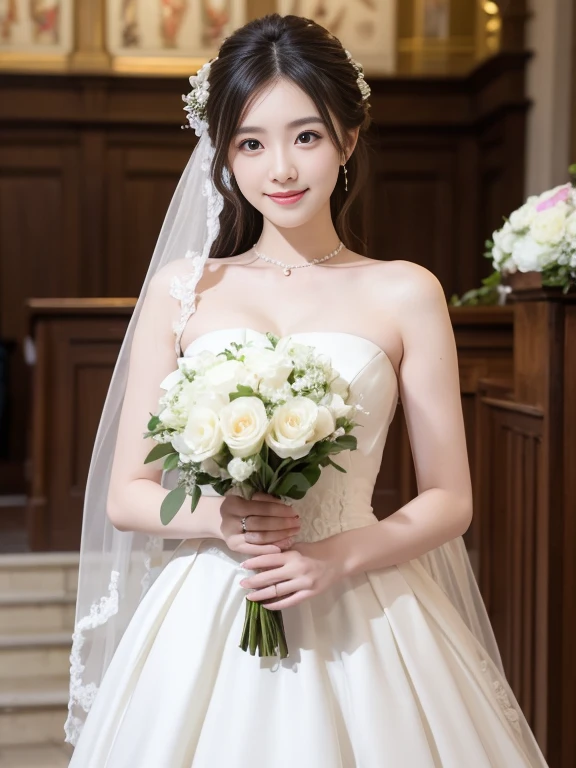 Photo-realistic quality、a woman in a Wedding dress holding a bouquet of flowers、Standing in front of the church、20 year old Japanese model、白のWedding dress,Hanae Mori style wedding dress、Japan idols at 20 years old、lace prom dresses、looking at the camera、Detailed and beautiful eyes、Cute smile、Relaxed and gentle expression、a close up of a woman in a Wedding dress holding a bouquet, Wedding dress, So magical and dreamy、Blur the background a lot、300mm F2.Shot with 8 lenses
