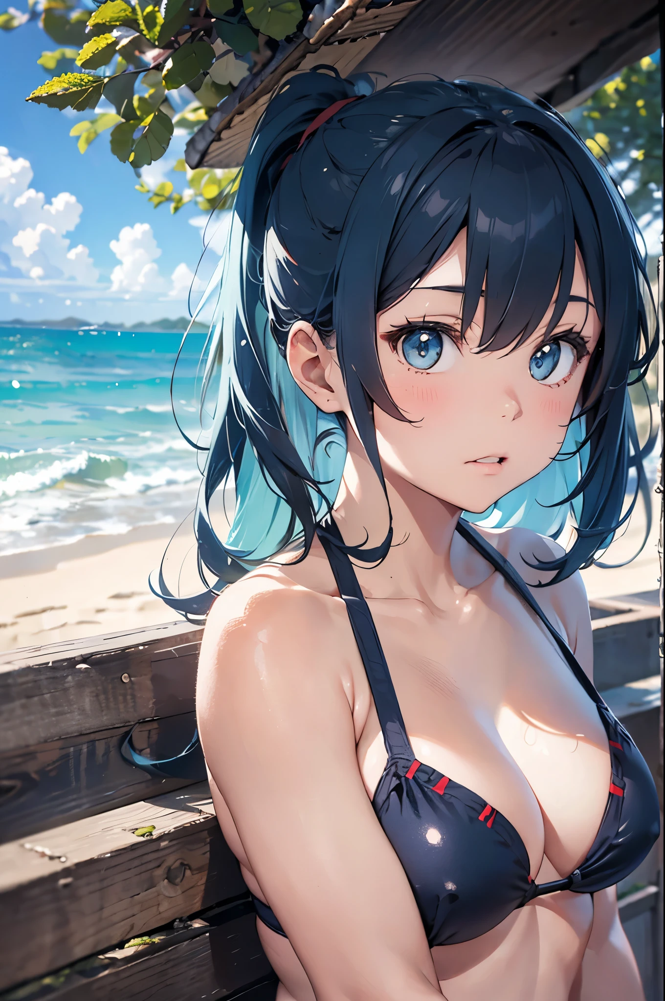 High resolution,topless、
One beautiful young woman,Light blue hair、ponytail、
(Soft Saturation:1.3), (Fair skin:1.2),
(ultra-Detailed Background, Detailed Background), Bokeh,
break'Portrait of a smiling girl.,
When viewed from the front, The composition is symmetrical,
Looking straight at you with serious eyes,
break Swimwear, Red Bikini, Center of chest,
Outdoor, Sea surface, null, sunlight,Summer beach, Sandy Beach,
Strong light, Front lighting,
(:1.3), (Cowboy Shot:1.2),
Front brake angle,
View your audience,
Dynamic pose,
sitting on the beach
Seaweed、Seaweed、Seaweed、Seaweed、Seaweed、Seaweed、Seaweed、