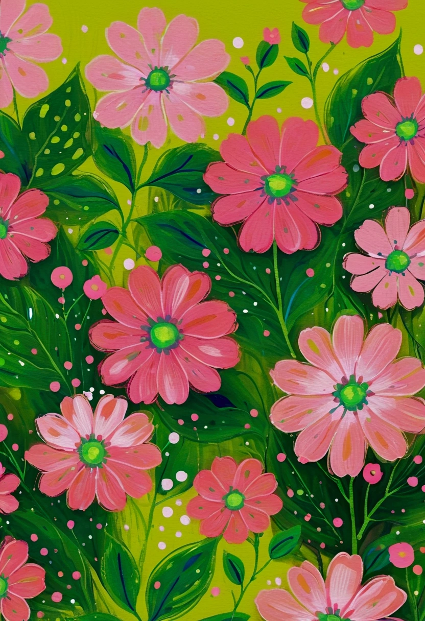 Fluid smudge painting,Dot,Dense,Colorful flowers,Minimalism,Inspired by the coronavirus。Translucent pink,Fluorescent Green。Mobile phone wallpaper pattern