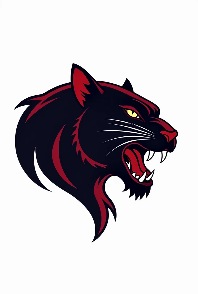 Create an image of a roaring panther with black, red and wine for a logo with a white background, just its head sideways, less black and more red, without hair 