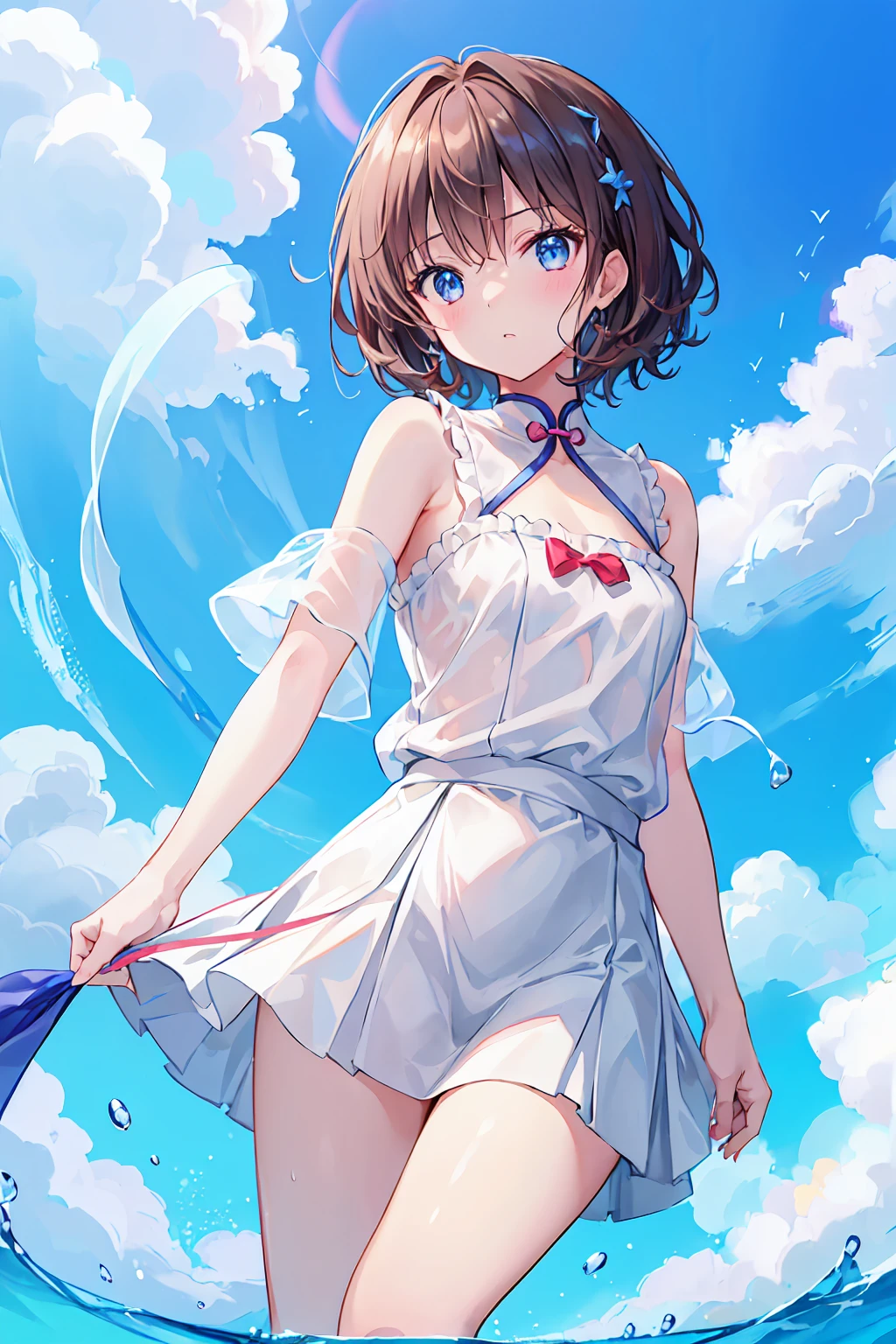 1 beautiful woman, Beautiful Office Lady, slender body, realistic, very detailed CG 統合 8k 壁紙, very detailed, High resolution raw color photos, professional photos, realistic portrait, cinematic light, beautiful details, (beautiful breasts:), (cleavage:1.2), (White shirt with wide open chest:1.5), (extremely short skirts:1.3), pantyhose, panties, squat, indoors, Sales Office, (最high quality:1.4), Super detailed, high quality, table top, (view from below:1.5)、slight smile、short hair、((White wet light underwear))、