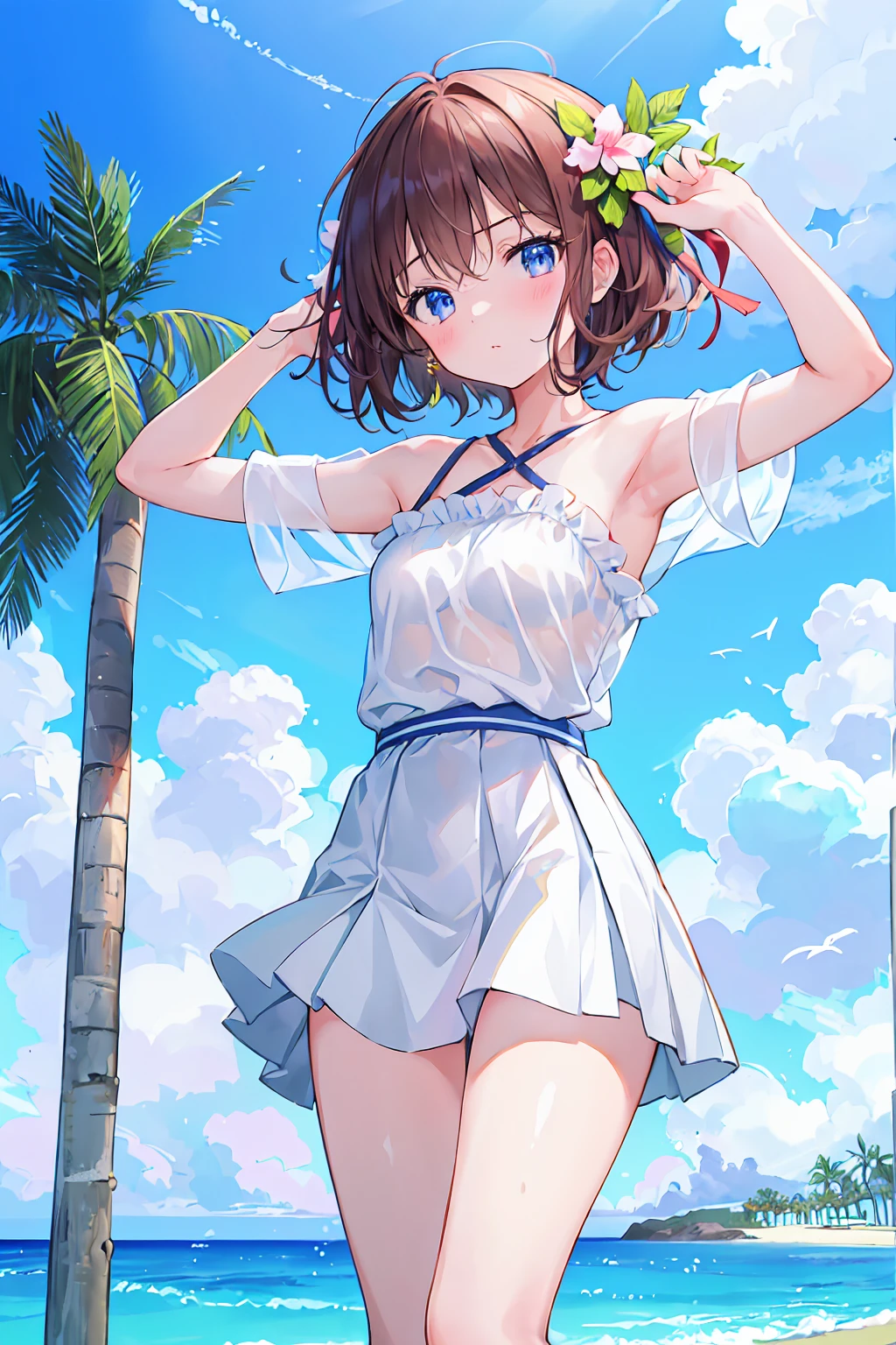 One Girl, Short brown hair, blue eyes, Hilarious, Wearing a plain white shirt, Short skirt, Small breasts,Flat chest,Hawaii,Waikiki Beach, Absurd, High resolution, Ultra Sharp, 8k, masterpiece, Looking at the audience,((Highest quality)), (Very detailed), (高精細CG合成8k壁紙), 高いly detailed, 高い-definition raw colbor photos, Professional photography, Written boundary depth,